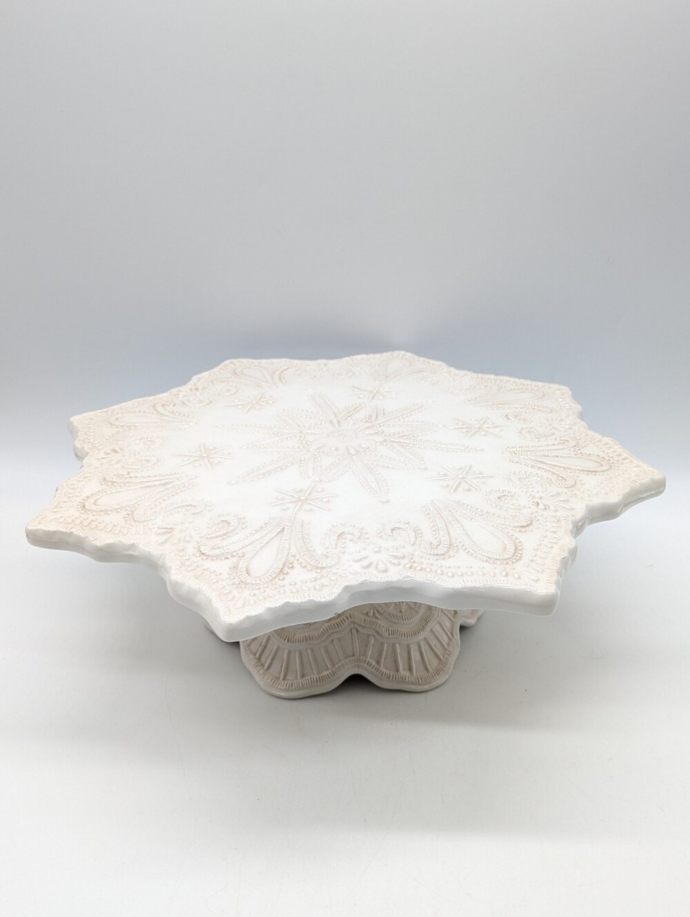 Off White Cream Textured Ceramic Winter Snowflake Footed Pedestal Cake Stand